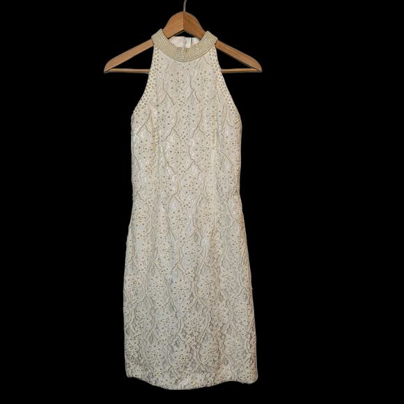 Oleg Cassini Womens Ivory Beaded Halter Neck Cocktail Wedding Mini Dress Size 12 - Picture 1 of 16
